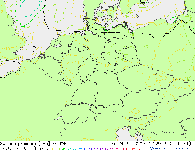 Isotachs (kph) ECMWF Sex 24.05.2024 12 UTC