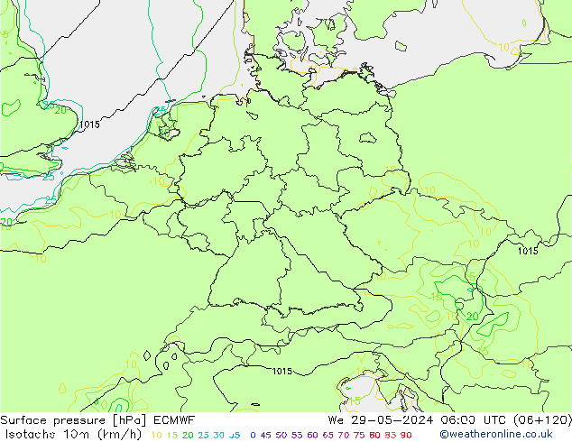 Isotachs (kph) ECMWF mer 29.05.2024 06 UTC