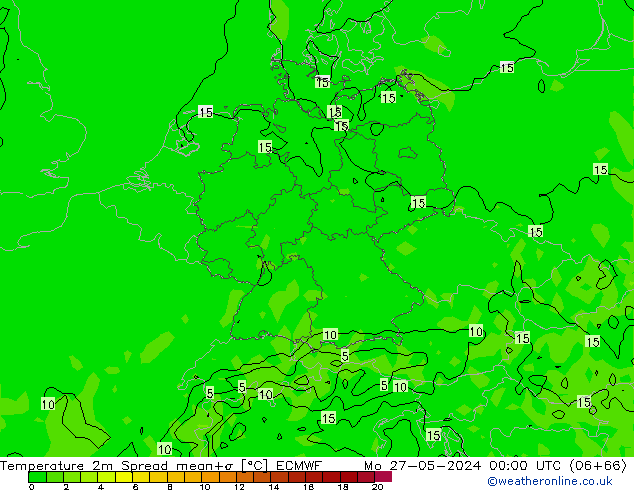 Temperatura 2m Spread ECMWF Seg 27.05.2024 00 UTC