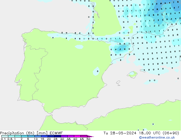 Precipitation (6h) ECMWF Tu 28.05.2024 00 UTC