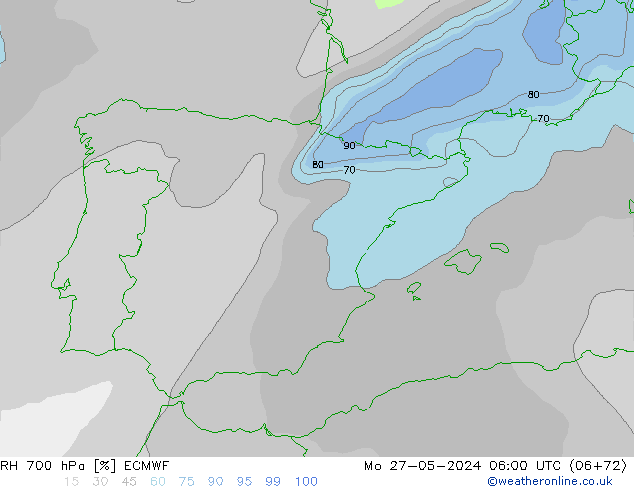 RH 700 hPa ECMWF pon. 27.05.2024 06 UTC