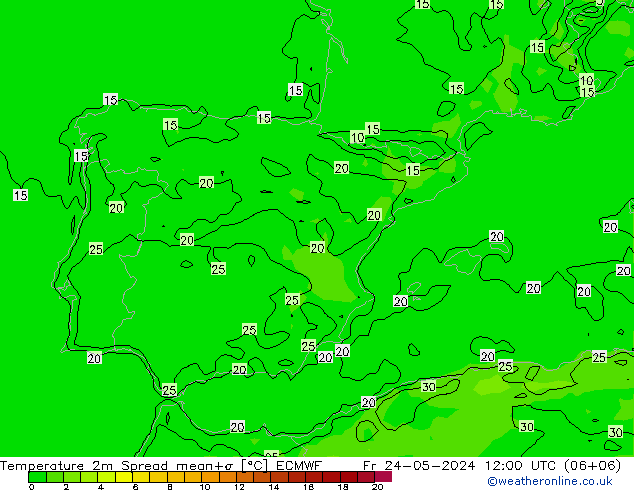 Temperaturkarte Spread ECMWF Fr 24.05.2024 12 UTC