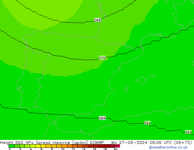 Height 500 hPa Spread ECMWF pon. 27.05.2024 06 UTC