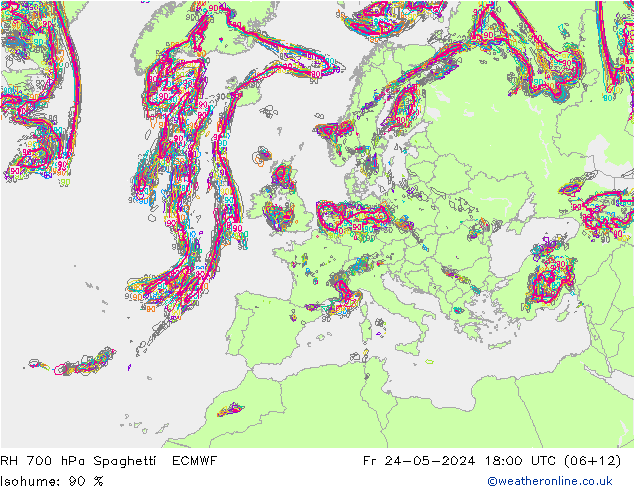 Humidité rel. 700 hPa Spaghetti ECMWF ven 24.05.2024 18 UTC