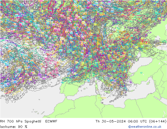 RH 700 hPa Spaghetti ECMWF 星期四 30.05.2024 06 UTC