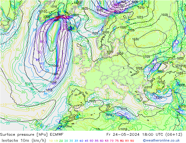 Isotachs (kph) ECMWF Fr 24.05.2024 18 UTC