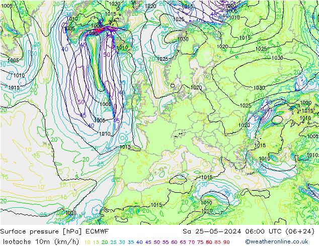 Isotachs (kph) ECMWF Sa 25.05.2024 06 UTC