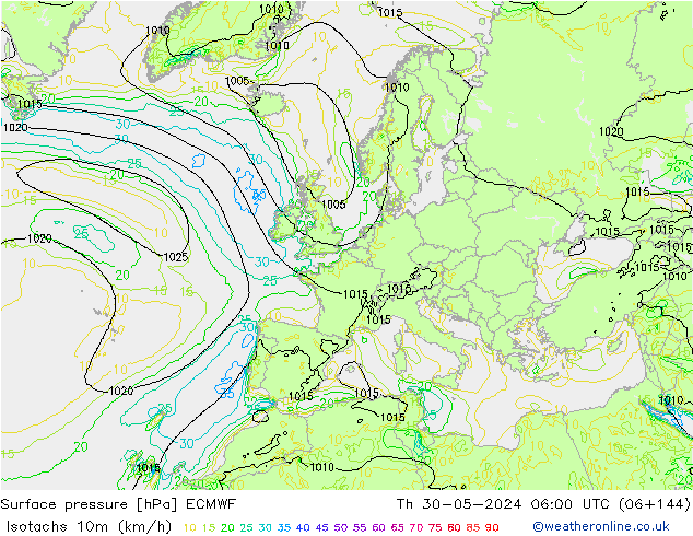 Isotachs (kph) ECMWF Th 30.05.2024 06 UTC