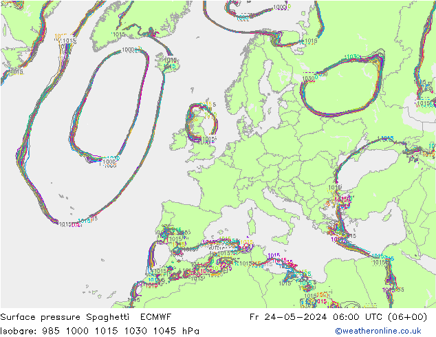 pressão do solo Spaghetti ECMWF Sex 24.05.2024 06 UTC