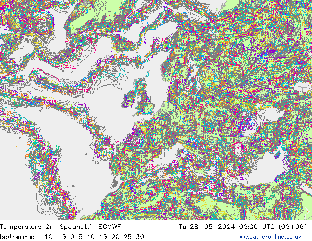 Temperature 2m Spaghetti ECMWF Tu 28.05.2024 06 UTC