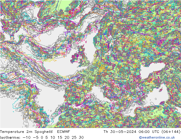 Temperatura 2m Spaghetti ECMWF jue 30.05.2024 06 UTC