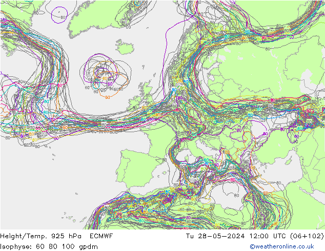 Height/Temp. 925 hPa ECMWF Tu 28.05.2024 12 UTC