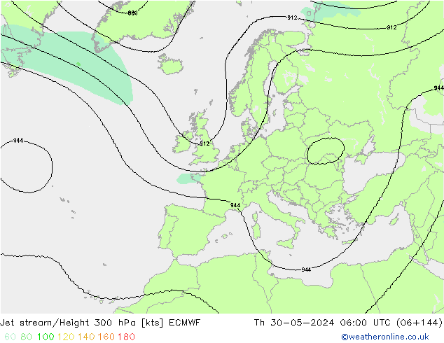 Jet stream/Height 300 hPa ECMWF Čt 30.05.2024 06 UTC