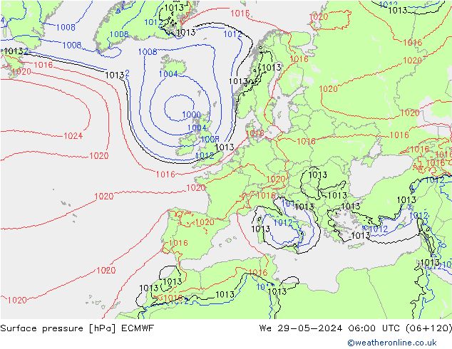 Luchtdruk (Grond) ECMWF wo 29.05.2024 06 UTC