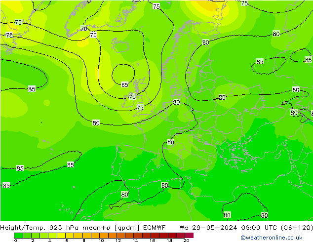 Height/Temp. 925 hPa ECMWF mer 29.05.2024 06 UTC