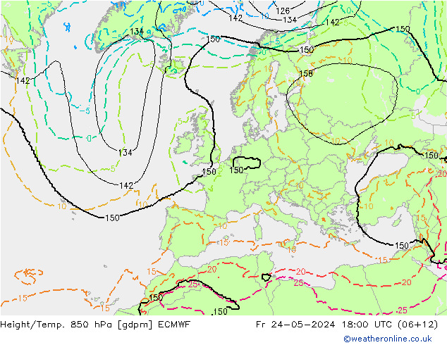 Hoogte/Temp. 850 hPa ECMWF vr 24.05.2024 18 UTC