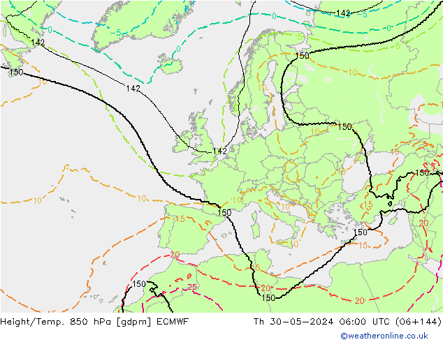 Geop./Temp. 850 hPa ECMWF jue 30.05.2024 06 UTC