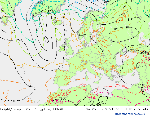 Height/Temp. 925 hPa ECMWF Sa 25.05.2024 06 UTC