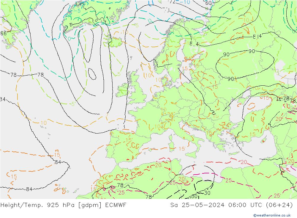 Height/Temp. 925 hPa ECMWF Sa 25.05.2024 06 UTC