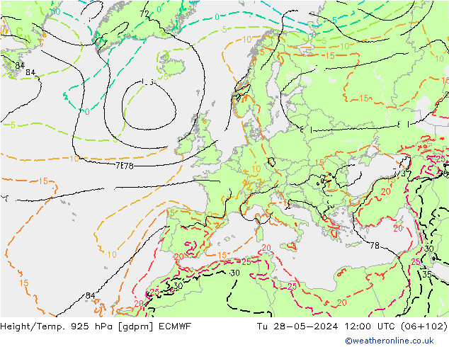 Height/Temp. 925 hPa ECMWF Di 28.05.2024 12 UTC