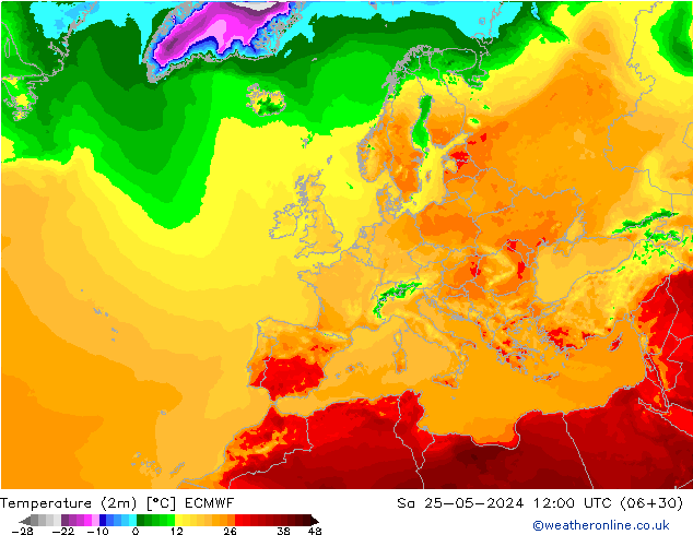 Temperature (2m) ECMWF Sa 25.05.2024 12 UTC