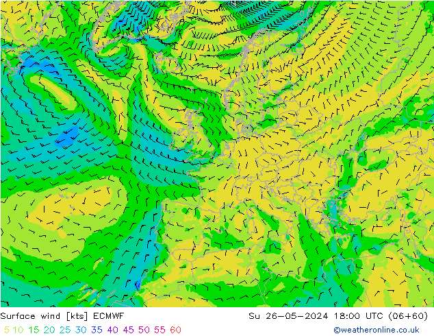 Surface wind ECMWF Ne 26.05.2024 18 UTC