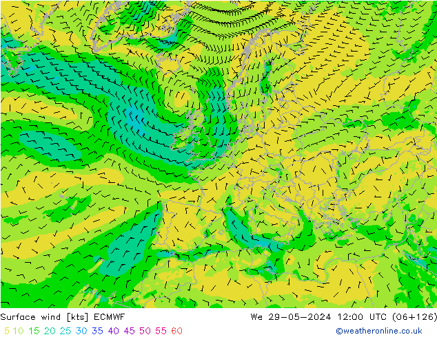 wiatr 10 m ECMWF śro. 29.05.2024 12 UTC