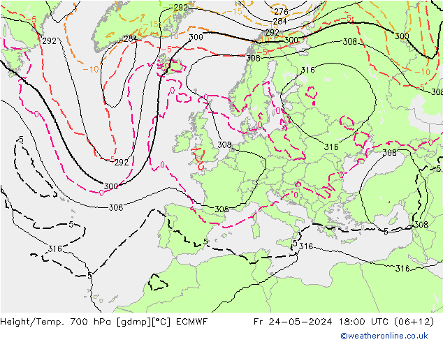 Height/Temp. 700 hPa ECMWF Fr 24.05.2024 18 UTC