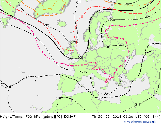 Hoogte/Temp. 700 hPa ECMWF do 30.05.2024 06 UTC