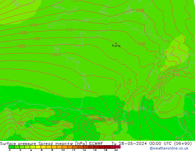 Surface pressure Spread ECMWF Tu 28.05.2024 00 UTC