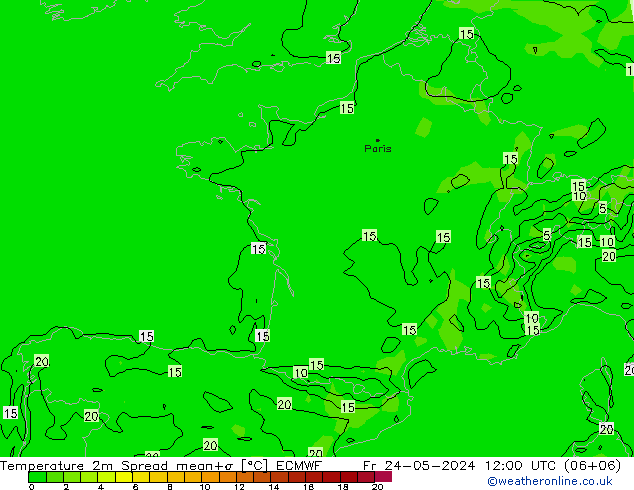 Temperaturkarte Spread ECMWF Fr 24.05.2024 12 UTC