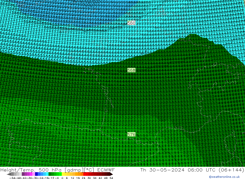 Height/Temp. 500 гПа ECMWF чт 30.05.2024 06 UTC