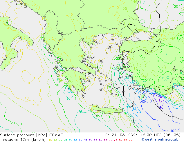 Isotachs (kph) ECMWF Fr 24.05.2024 12 UTC