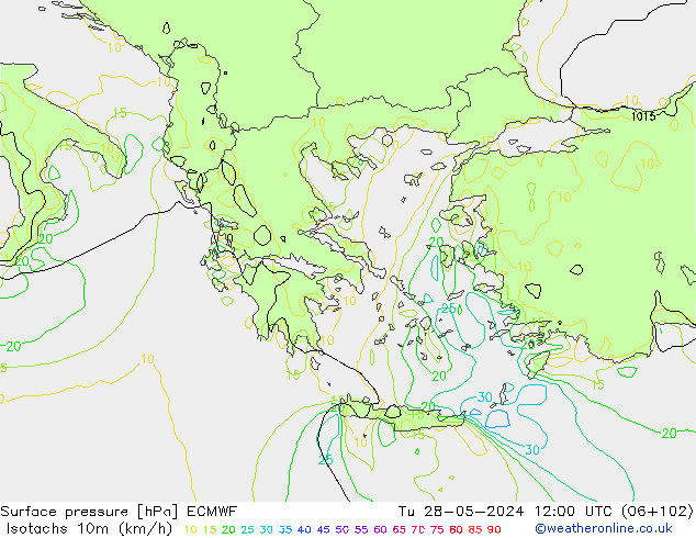 Eşrüzgar Hızları (km/sa) ECMWF Sa 28.05.2024 12 UTC