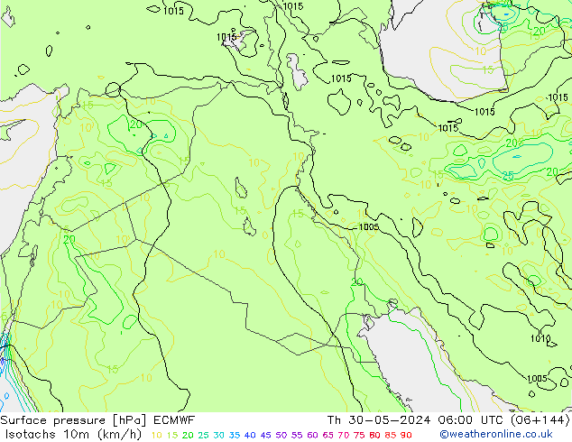 Isotachs (kph) ECMWF Th 30.05.2024 06 UTC