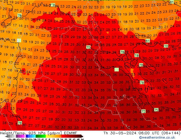 Hoogte/Temp. 925 hPa ECMWF do 30.05.2024 06 UTC