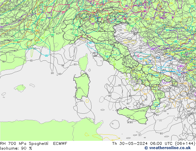 RH 700 гПа Spaghetti ECMWF чт 30.05.2024 06 UTC