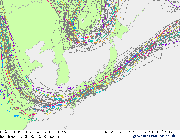 Height 500 hPa Spaghetti ECMWF  27.05.2024 18 UTC