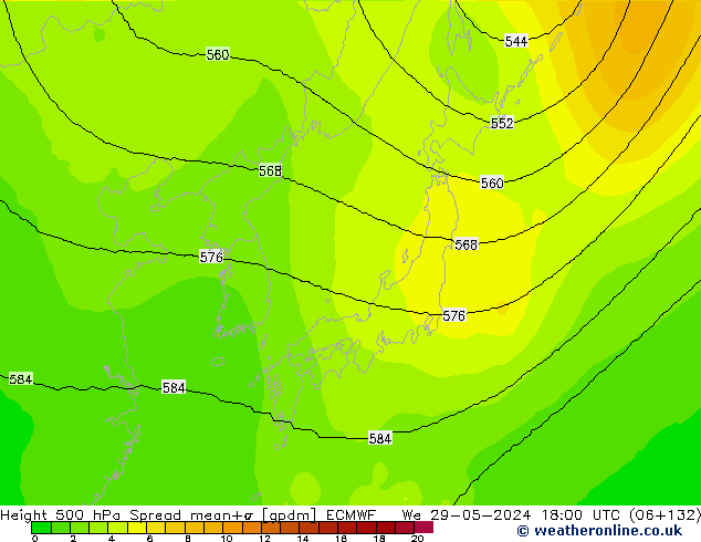 Height 500 гПа Spread ECMWF ср 29.05.2024 18 UTC