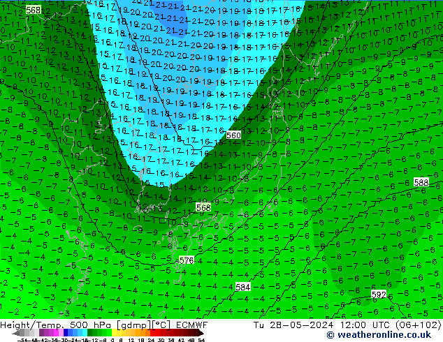 Hoogte/Temp. 500 hPa ECMWF di 28.05.2024 12 UTC