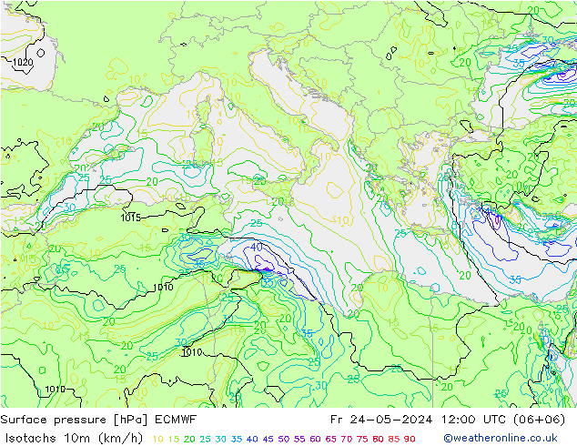 Isotachs (kph) ECMWF Fr 24.05.2024 12 UTC