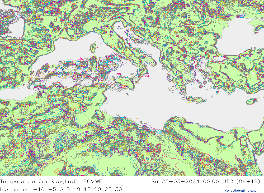 Temperatura 2m Spaghetti ECMWF Sáb 25.05.2024 00 UTC