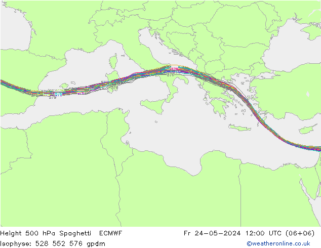 Height 500 hPa Spaghetti ECMWF Fr 24.05.2024 12 UTC