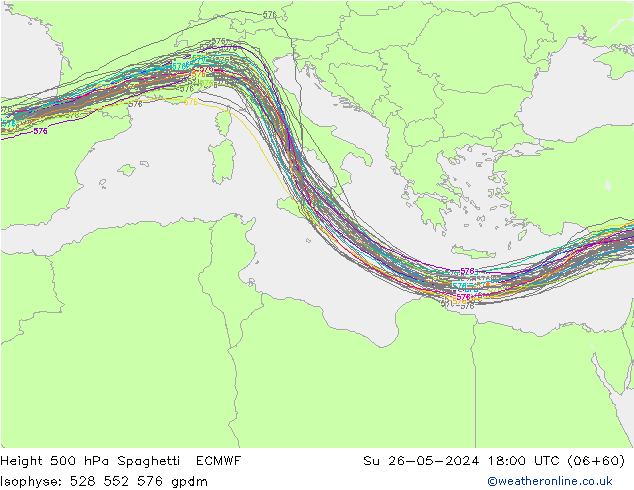 Height 500 hPa Spaghetti ECMWF Su 26.05.2024 18 UTC