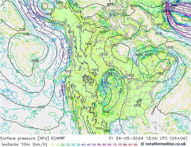 Isotachs (kph) ECMWF Fr 24.05.2024 12 UTC