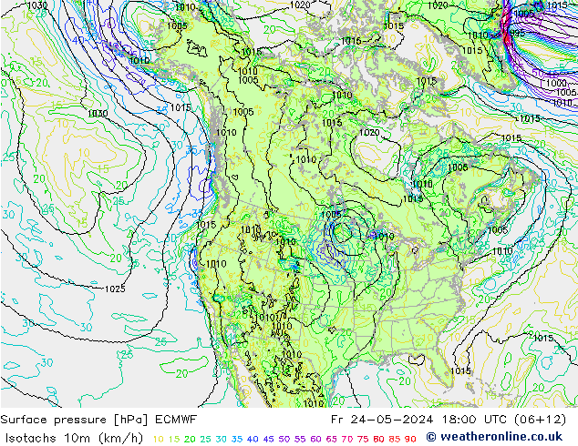 Isotachen (km/h) ECMWF Fr 24.05.2024 18 UTC