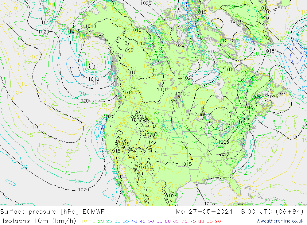 Izotacha (km/godz) ECMWF pon. 27.05.2024 18 UTC