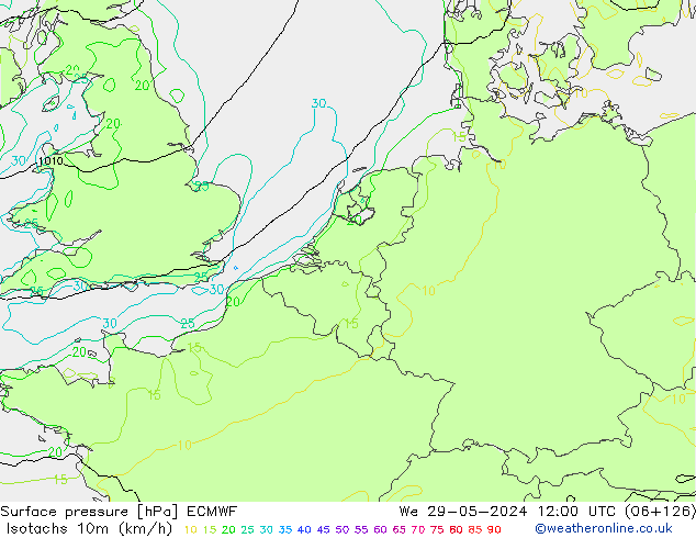 Isotaca (kph) ECMWF mié 29.05.2024 12 UTC