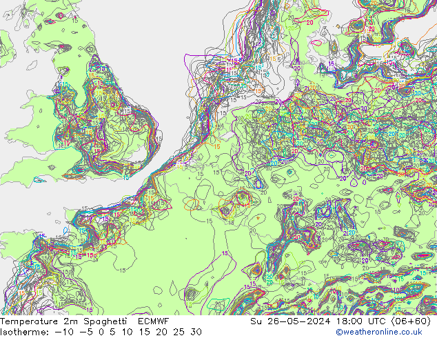 Temperature 2m Spaghetti ECMWF Su 26.05.2024 18 UTC