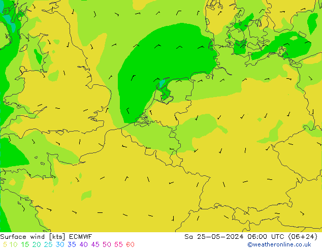 wiatr 10 m ECMWF so. 25.05.2024 06 UTC